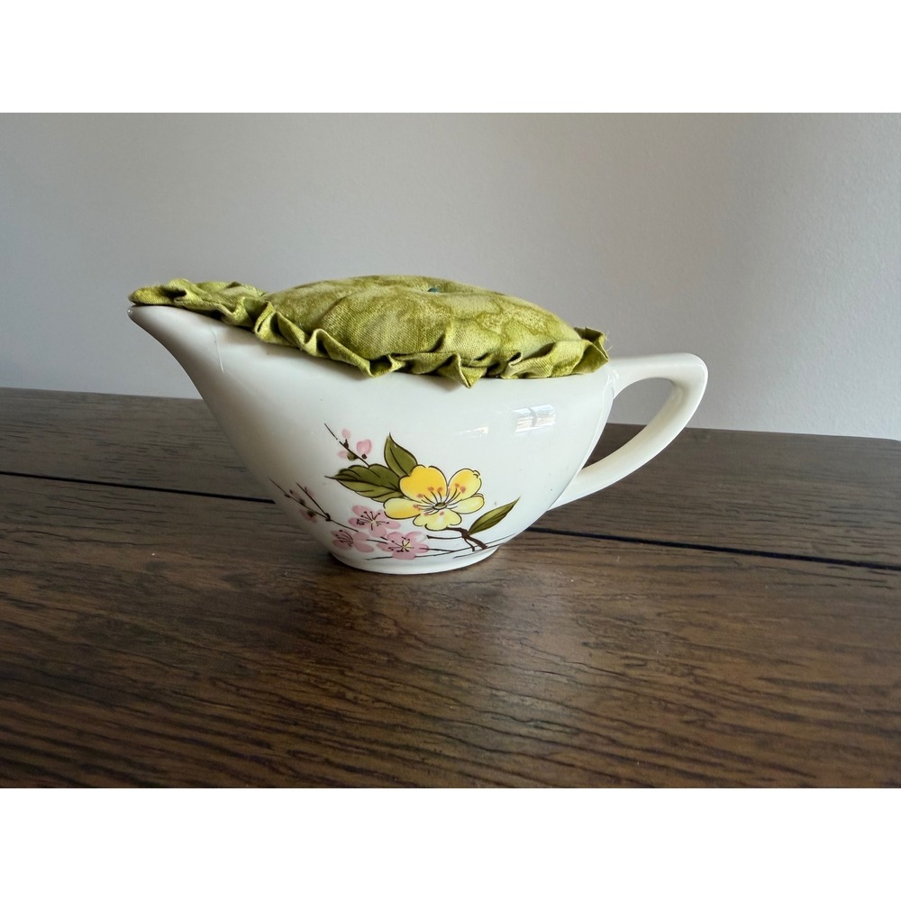 Vintage Pincushion Upcycled Gravy Boat Cream Floral Excellent Repurposed